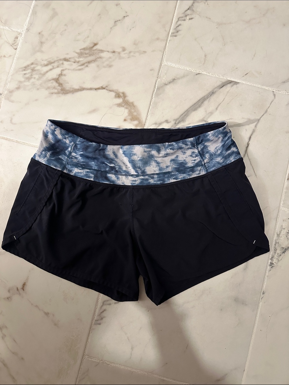 Lululemon Women’s Navy Active Shorts with Blue Tie-Dye Waistband